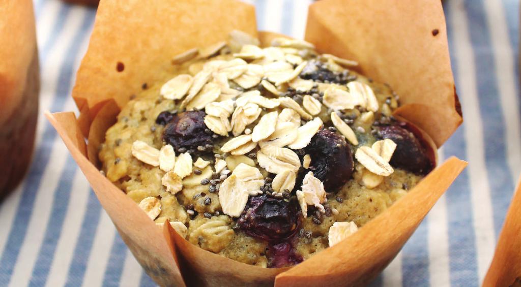 B R E A K F A S T BLUEBERRY CHIA OAT MUFFINS YIELDS: 6-8 SERVINGS PREP TIME: 95 MINUTES 1 cup Whole Wheat Flour 1 1/2 cup Rolled Oats 1/2 cup Pure Cane Sugar 1/4 teaspoon Salt 1 tablespoon Baking