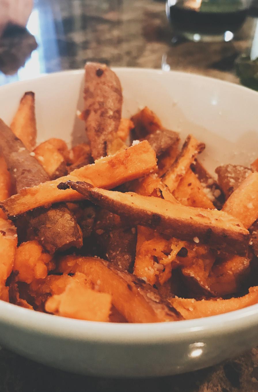 sweet potato fries Prep Time: 5 min Total Time: 30 min 1 sweet potato grated parmesan splash of olive oil garlic powder 1. Heat oven to 425. 2. Slice sweet potato into wedges (thinner=crispier). 3. Toss wedges with oil, garlic powder and grated parmesan.