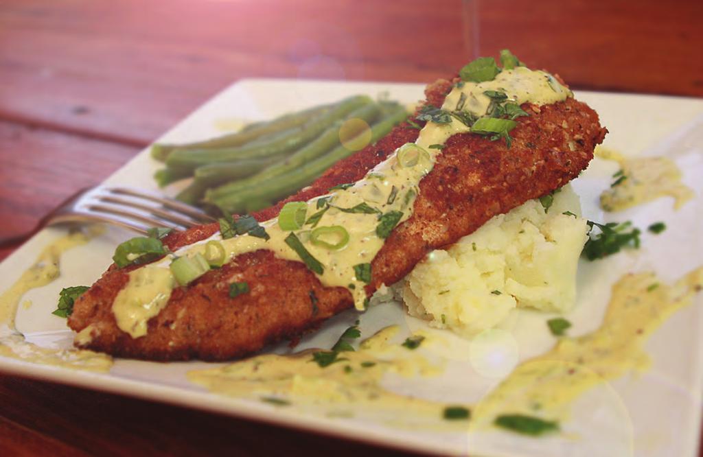 pecan-crusted speckled trout with scallion honey mustard sauce SAUCE: ½ c mayonnaise ½ c honey mustard 1 heaping tbsp parsley, chopped 3 green onions, chopped Juice of 1 lemon Salt and pepper to