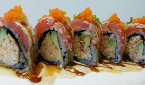 $14 Spicy shrimp & crab and avocado, topped with tuna, eel sauce, chili oil, creamy sauce, masago, and green onion Nemo Roll $14 Spicy shrimp & crab and avocado, topped with salmon, eel sauce, chili