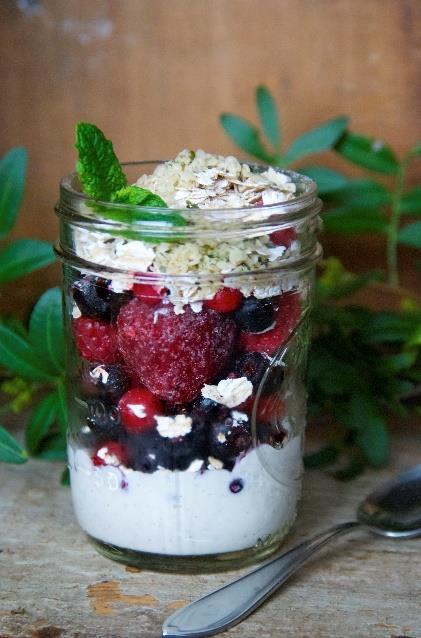 Non-Dairy Berry Parfait [Serves 2]* ½ cup soaked cashews (soak at least 20 minutes up to an hour) ½ cup unsweetened almond or coconut milk from a carton (not canned) ½ teaspoon vanilla 1 cup