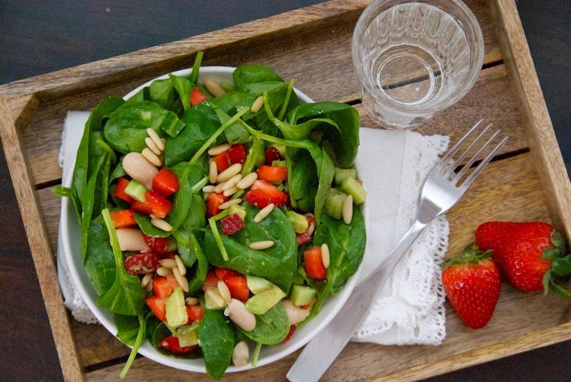 Spinach and Strawberry Salad with Basil, Mint Dressing [Serves 2]** 4 cups baby spinach 1 cup chopped strawberries 1 cucumber, diced 1 haas avocado, diced ½ cup white beans (drained and rinsed well,