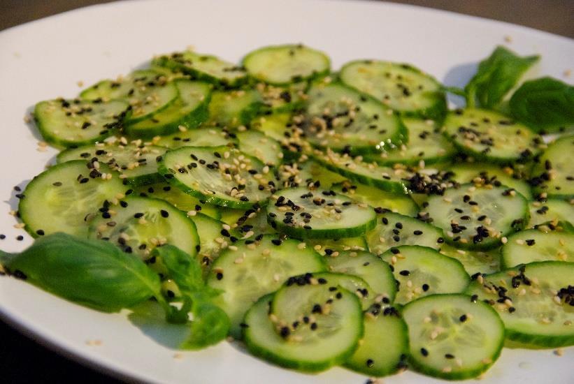 Cucumber Salad [Serves 4]* 1 English Cucumber sliced thinly 1 lemon (freshly juiced) Black or Traditional Sesame Seeds Mix all the