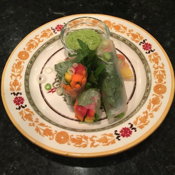 Tropical Summer Rolls with Creamy Avocado Dip [Serves 4]*** : Summer Rolls 3 cups arugula 2 ripe mangoes sliced in long strips 1 large red bell pepper sliced in long strips 2 jalapenos, seeded,