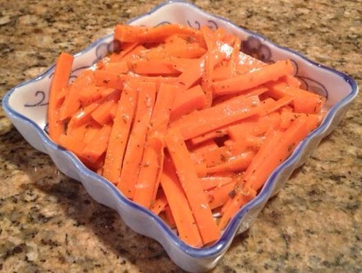 Crunchy Marinated Carrots [Serves 4]** 2 bags carrots, peeled and cut into 2 ½ to 3 inch lengths (thickness like a French fry) 1/2 cup apple cider vinegar 1/3 cup extra virgin olive oil 1 tbsp.