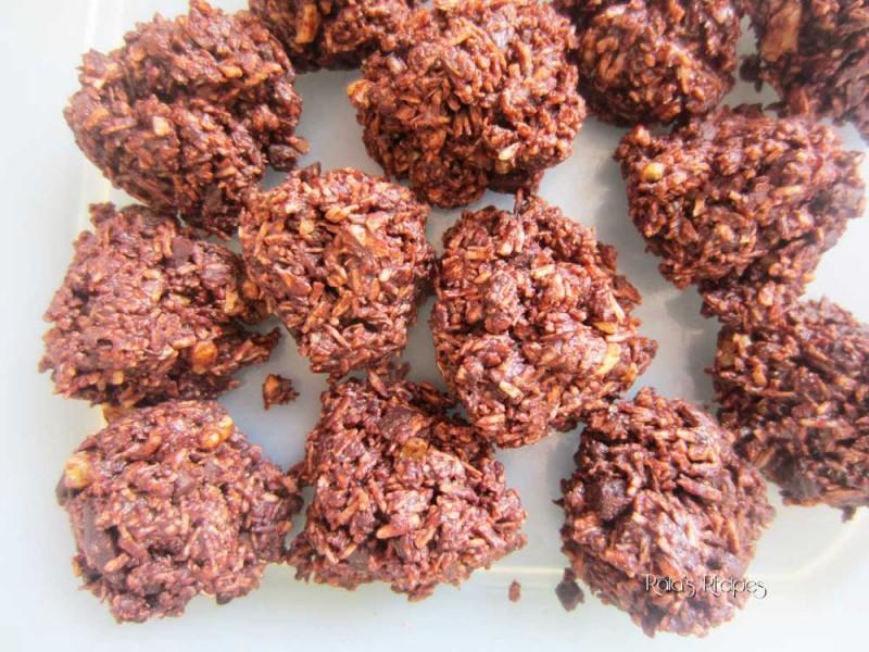 Dark Chocolate Chip & Walnut No-Bake Coconut Cookies Submitted by: Raia s Recipes Serves: 5 Cooking Time: 20 Minutes Non-Dairy 3 tbsp coconut oil 1/3 cup honey 1/2 cup almond or other nut butter 1