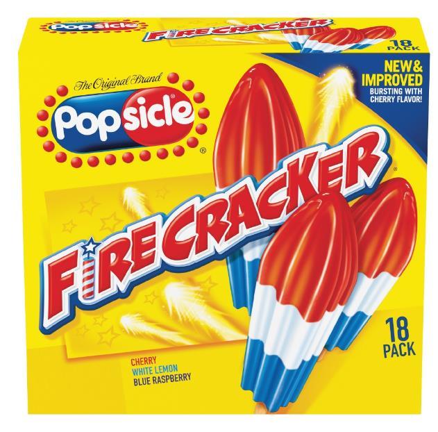 POPSICLE Firecracker INGREDIENTS: WATER, HIGH FRUCTOSE CORN SYRUP, CORN SYRUP, SUGAR, LESS THAN 1% OF: LEMON JUICE (FROM CONCENTRATE), RASPBERRY JUICE (FROM CONCENTRATE),