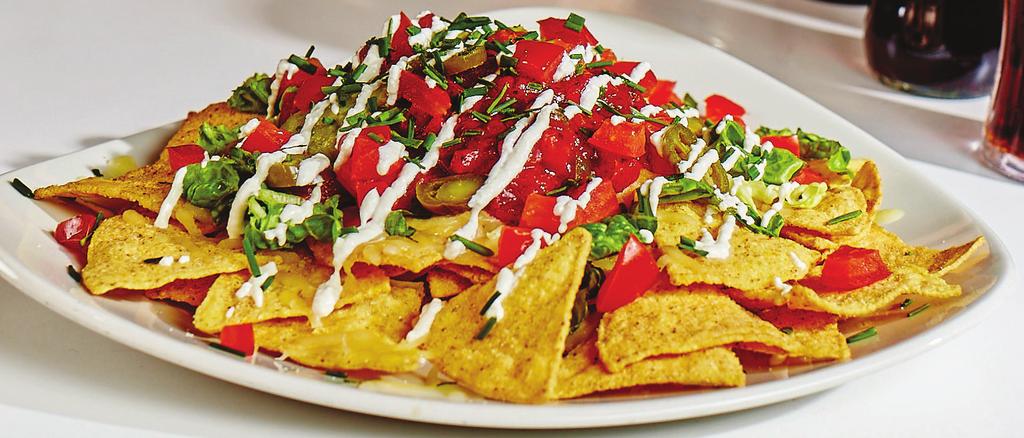 NACHOS SHARER (V) NACHOS SHARER (V) 7.99 Warm tortilla chips with a cheesy topping and a tantalising medley of salsa, sour cream, guacamole & sliced jalapeños. SPICY CHICKEN WINGS 4.