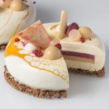 peach Schnapps jelly white chocolate glaze Carrot Cake (contains gluten & nuts) Carrot cake sponge lemon curd orange cream cream cheese mousse September Cake of the Month Coffee, Chocolate, Marsala &