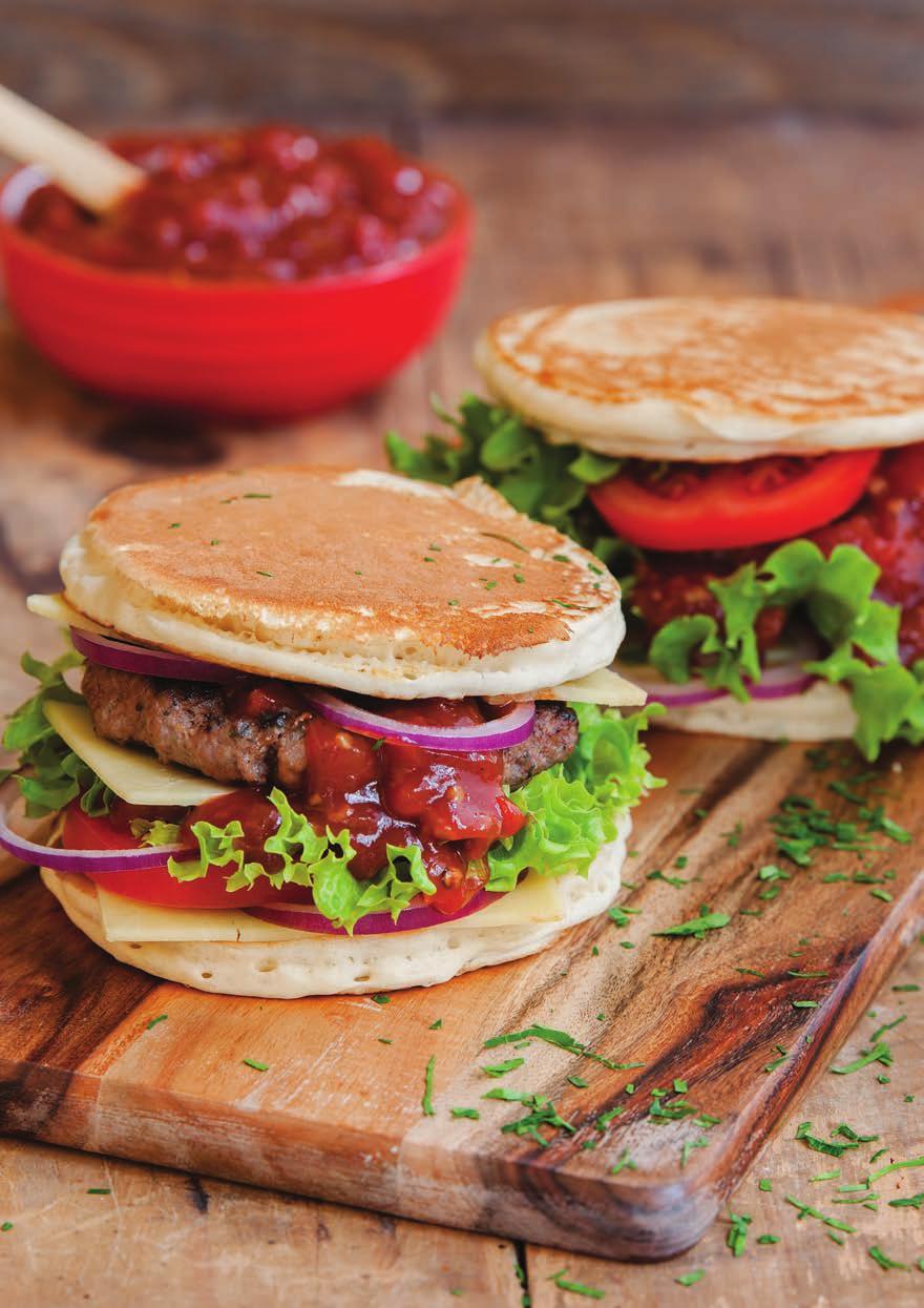 Savoury Pancake Burger SERVES: 3 PREP TIME: 5 MINS COOKING TIME: 15 MINS 300g Wood s Tomato Relish 500g Edlyn