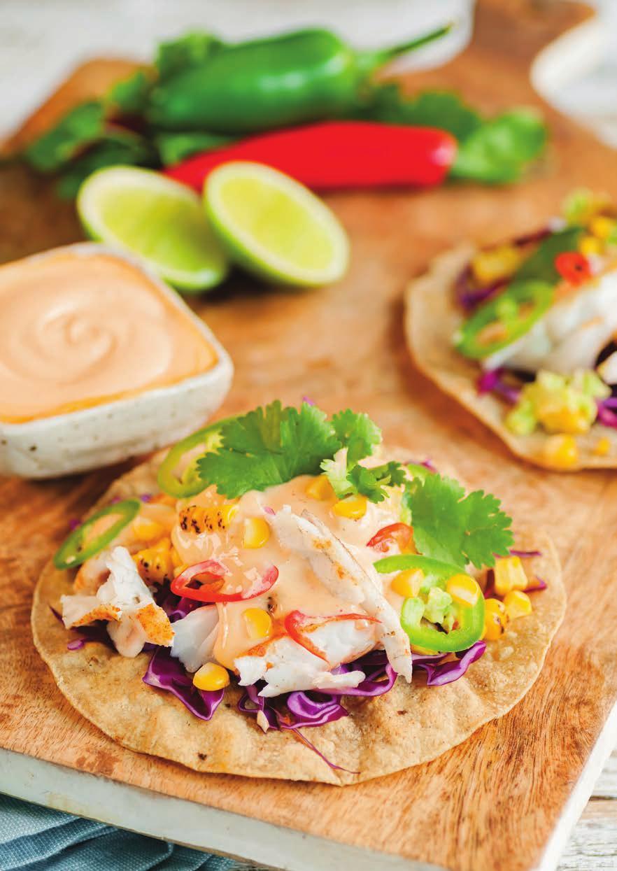Soft Shell Fish Tacos with Sriracha Mayo SERVES: 6 PREP TIME: 10 MINS COOKING TIME: 5 MINS 250g Wood