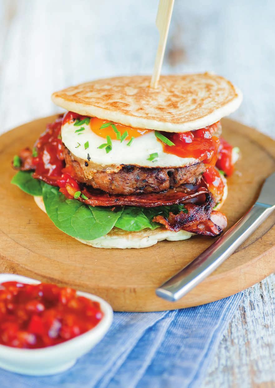 Pancake Brekkie Burger SERVES: 3 PREP TIME: 5 MINS COOKING TIME: 15 MINS 300g Wood s Tomato Relish 500g Edlyn Buttermilk Pancake Mix 3 x 125g Beef Patty 100g Spinach Leaves 6 Rashes of Bacon 3 Eggs