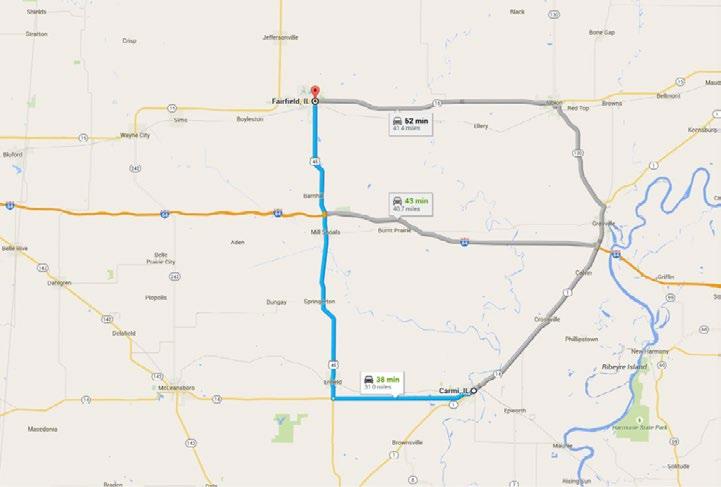 Carmi to Fairfield Driving Directions - Travel Time 38 minutes Leave Carmi heading West on Hwy 14. (9 miles) Turn right onto U.S. 45 North.