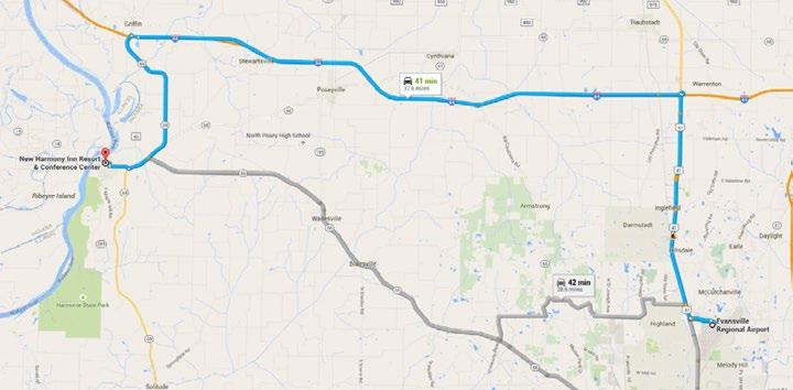 Evansville Airport to New Harmony, Indiana New Harmony Inn Driving Directions - Travel Time 41 minutes When leaving EVV Airport, turn left onto Highway 57.