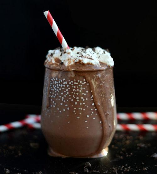 BREAKFAST Dark Chocolate Peppermint Protein Shake 1 large banana, frozen 2-3 large ice cubes 1 cup non-dairy milk of choice 1 scoop Designer Whey Gourmet Chocolate Protein Powder 2 tablespoons cocoa