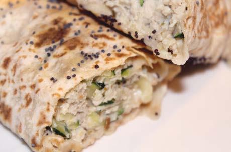 Lunch Healthy sausage rolls 500g chicken mince (or any lean mince) 1 tsp garlic 1 grated zucchini Oregano (or other herbs you prefer, maybe chives) Rosemary 3 mountain bread rye wraps cut in half 1.