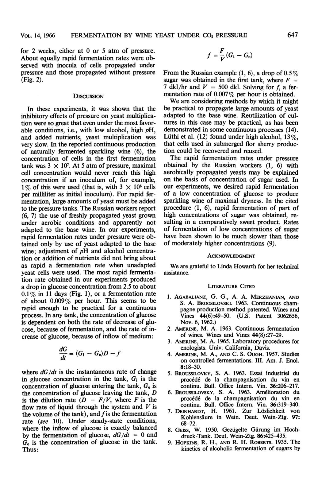 VOL. 14,1966 FERMENTATION BY WINE YEAST UNDER CO2 PRESSURE 647 for 2 weeks, either at 0 or 5 atm of pressure.