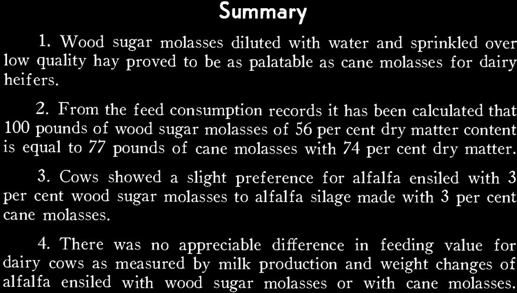 Summary Wood sugar molasses diluted with water and sprinkled over low quality hay proved to be as palatable as cane molasses for dairy heifers.