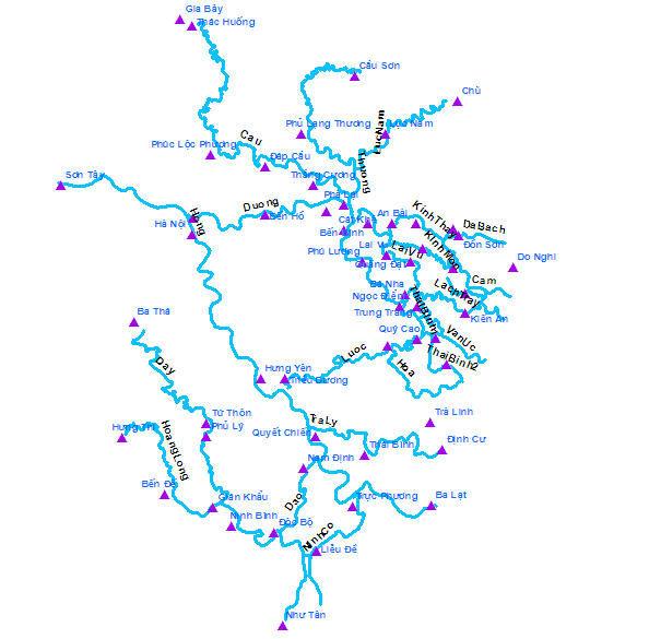 Xây dựng mạng thủy lực một chiều Mạng sông tính toán bao gồm: - Sông Hồng được tính toán từ trạm thủy văn Sơn Tây. - Sông Cầu tính từ trạm thủy văn Thác Huống.
