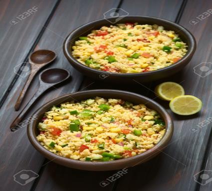 Sweet pepper couscous 100 g couscous 600 ml boiling water 50 ml oil 1 onion roughly chopped 1 red pepper de-seeded and chopped ½ yellow pepper de-seeded and chopped 1 lemon rind grated and juice