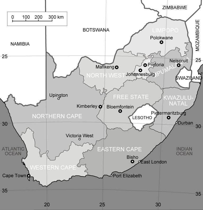 QUESTION 4 On this map of South Africa, the lines of latitude and longitude have been drawn at 5 intervals. 4.1 The values for latitude get smaller as you go from the bottom to the top of the map of South Africa.