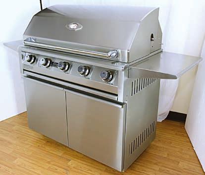 GRILLING AREA) < 1 BACK BURNER / WITH ROTISSERIE KIT AND MOTOR <304 STAINLESS STEEL CONSTRUCTION < FOUR CASTER WHEELS, TWIN SIDE SHELVES < DOUBLE ACCESS DOORS, SOFT CLOSE HINGE SYSTEM, INSIDE SHELF