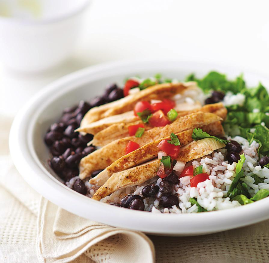 Serves 4 Serving size: 9.6-oz./273 g 15 COOK: 10 Chicken Burrito BOWLS 1 lb./455 g boneless skinless chicken breasts* 1 tsp. Southwest Chipotle Seasoning 2 cups instant white rice 2 cups water 15-oz.