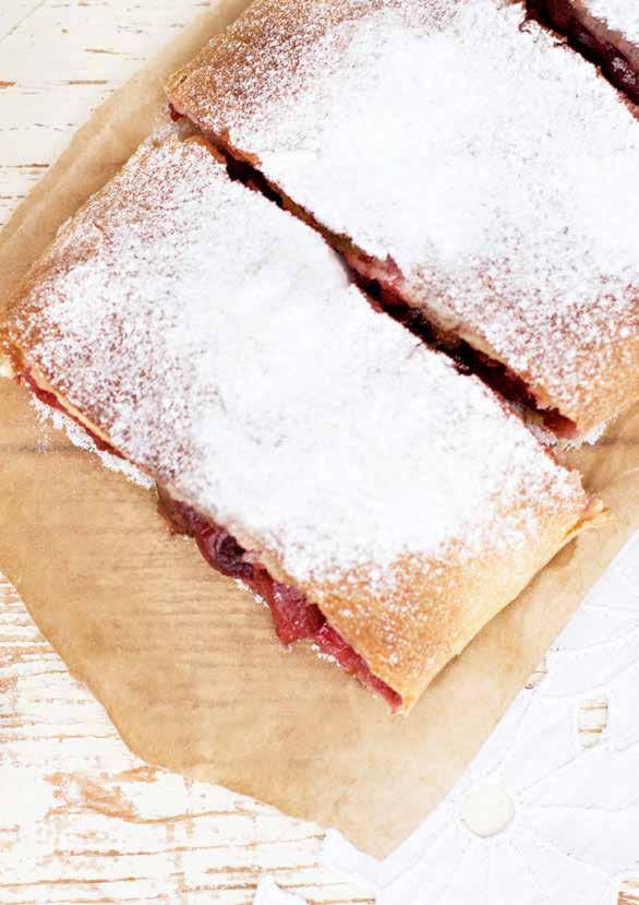 Red berry and custard strudel PREP TIME 25 MINS COOKING TIME 20 MINS 10 1 ready rolled puff pastry 500g frozen mixed berries 100g sugar 250ml full fat milk 85g Essential Cuisine 1 egg for egg wash 1.