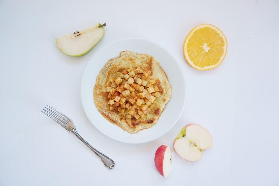 Day 2 Fruit Crepes (makes enough for Day 2 and Day 3) Ingredients Batter 4 eggs 3 tablespoons of coconut flour 1/2 cup water 2 teaspoon of coconut oil Topping 1 teaspoon coconut oil 1 apple diced 1
