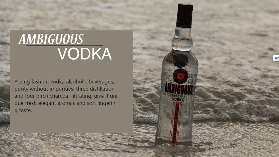 AMBIGUOS VODKA Ambiguous Vodka Bottle volume: 700ML Place of Origin: UK invested factory in China Packing: Bottle, gift