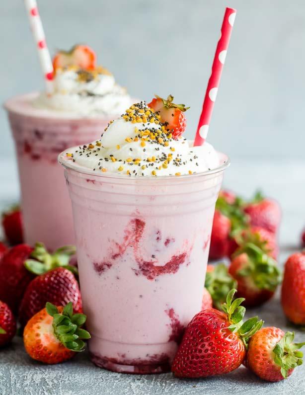 STRAWBERRY PROTEIN SHAKE WITH WHIPPED CREAM 2 SERVINGS 5 MINS SHAKE BLENDER BEVE RAGES 1 pack strawberries 2 tbsp sugar 2 tbsp water 3 cups frozen strawberries 1/2 cup low fat vanilla yogurt 1 1/4