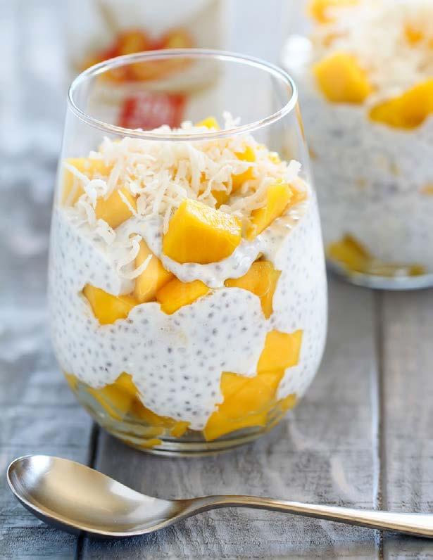 PEACHES & CREAM PROTEIN CHIA PUDDING 4 SERVINGS 1 HR & 10 MINS SHAKE SNACKS 3 tbsp chia seeds 1 cup Premier Protein