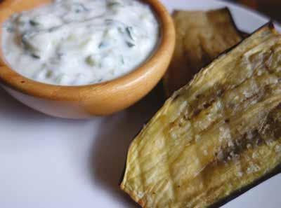 JENNY TSCHIESCHE S BBQ AUBERGINE WITH SHEEP YOGURT TZATZIKI SERVES: 8 COOKING TIME: 10 MINS 1 aubergine, sliced into 4 slices, halved to create 8 portions Olive oil A little salt ½ a cucumber
