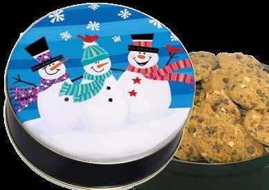 Jolly Snowmen Express your Warm Wishes with fun and whimsical snowmen in this lovely tin filled with Chocolate Chip with Pecan cookies in many tin