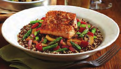 CHERRY CHIPOTLE GLAZED SALMON* Oven-roasted Atlantic salmon sweet, savory cherry chipotle glaze roasted asparagus fire-roasted red pepper, tomato + spinach couscous (cal. 590) 15.