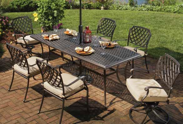 Sunbrella Denim Connect Dune Trenton Dining Collection Trenton Dining Collection 5 piece dining set includes: 48 round cast top table and 4 cast dining chairs with premium Sunbrella cushions.