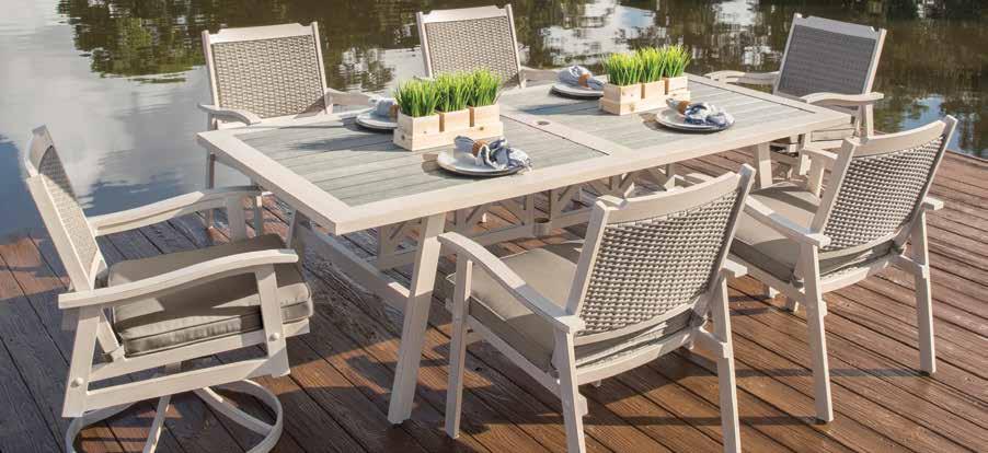 7 piece dining set includes: 42 x 84 dining table with 6 dining chairs with premium Sunbrella cushions included.