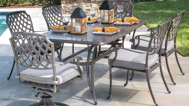 7 piece dining set includes: 42 x 84 dining table and 6 stationary dining chairs with premium Sunbrella cushions included.