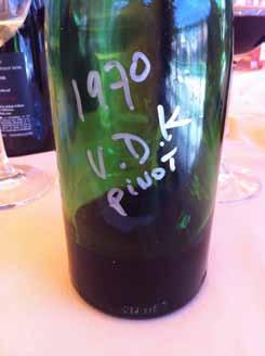1970 Van der Kamp Sonoma Mountain Pinot Noir (clean skin). A bottle vinified by 85-year-old vineyard owner, Martin Ulysses, and gifted to Claude. Re-corked in 1980.