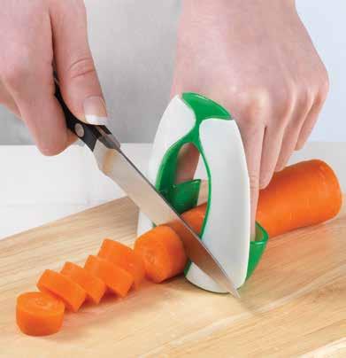 Ingenious finger guards grip food securely while shielding your hand from sharp knife edges.
