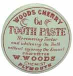 Wonderful underglaze colours to this great piece. Woods Cherry Tooth Paste, Plymouth. Red print. 66 mm across. Hard to get in this coloured variation. 1. Queen s Head, Gosnell, black and white.