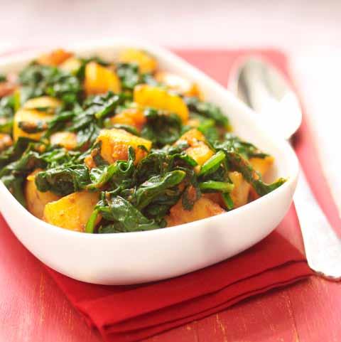 Aloo Palak Spinach with Potato 225 250 g (7½ 8 oz) potatoes, peeled and cut into bite-sized pieces 1 cm (½ inch) thick 150-200 ml (5 7 fl oz) water 300 g (10 oz) baby spinach leaves 3 tablespoons