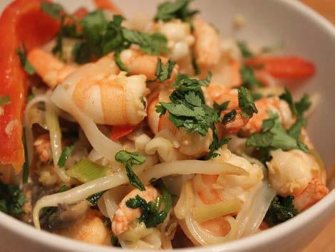 Protein stir fry 400g peeled tiger prawns or white fish 1 green chilli, finely chopped 3 garlic cloves, finely chopped 30g coriander, finely chopped juice of 1 lime 2 tbsps fish sauce 2