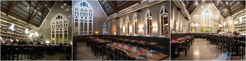 EVENT SPACES FULL & PARTIAL BUYOUTS CAPACITY Up to 250 standing Up to 100 seated ABOUT THE SPACE Located in a renovated 100-year old church, our main dining room is truly breath-taking with 60-ft