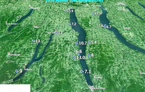 Geneva, NY. Figure 2. Winter low temperatures in the Finger Lakes ranged from -5 to - 22 F.