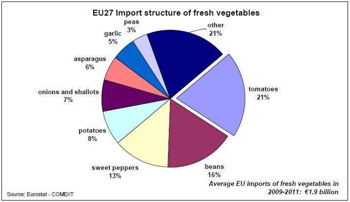 3.4.1 Imports from outside the EU With respect to the value of EU fresh vegetable imports, there was an increase by more than 40% to EUR 2 billion in the period 1999-2011.