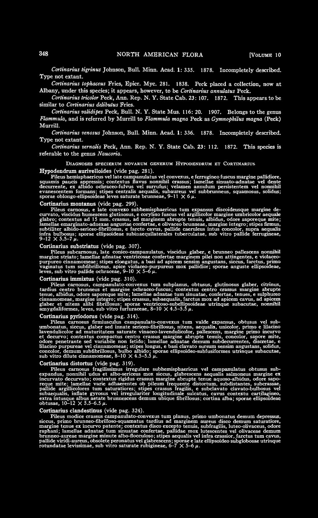 348 NORTH AMERICAN FLORA [VOLUME 10 Cortinarius tigrinus Johnson, Bull. Minn. Acad. 1: 335. 1878. Incompletely described. Type not extant. Cortinarius tophaceus Fries, Epicr. Myc. 281. 1838.
