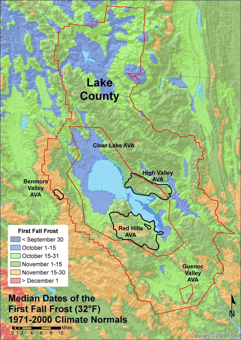 First Fall Frost (date/days) AVA Name Median Max Min Range Clear Lake 3-Nov 7-Dec 22-Oct 46 Guenoc Valley 10-Nov 4-Dec