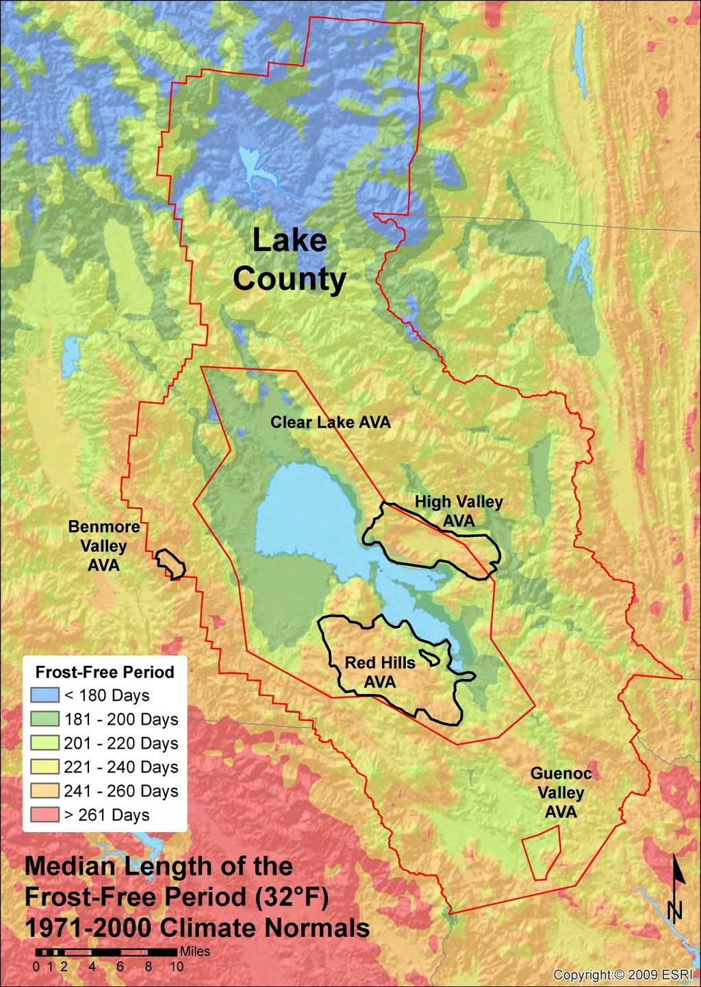 Frost Free Period (days) AVA Name Median Max Min Range Clear Lake 200 260 174 86 Guenoc Valley 216