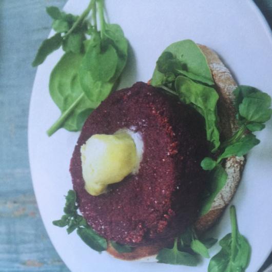 QUINOA & BEETROOT BURGERS 3-4 small raw beetroot, peeled and cut into small cubes 135g quinoa, rinsed 350 ml vegetable stock 1/2 small onion, grated finely grated rind of 1/2 lemon 2 tsp cumin seeds